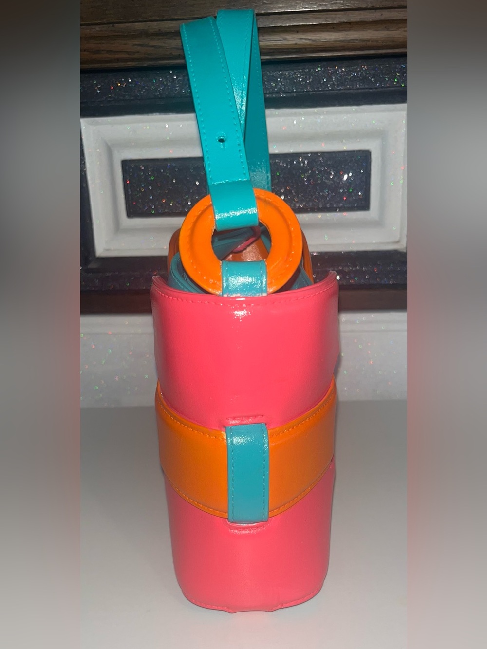 Vibrant Colorblock Crossbody Bag in Orange, Pink & Teal Custom Painted - Picture 4 of 8